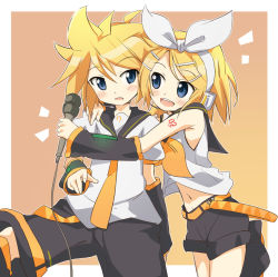 Rule 34 | 00s, 1boy, 1girl, arm warmers, bass clef, blonde hair, blue eyes, blush, brother and sister, hair ornament, hair ribbon, hairclip, headset, ixy, kagamine len, kagamine rin, leg warmers, microphone, navel, necktie, open mouth, ribbon, sailor collar, short hair, shorts, siblings, twins, vocaloid, yellow necktie