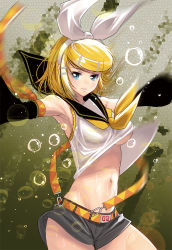 Rule 34 | 1girl, aqua eyes, arm warmers, armpits, bare shoulders, belt, blonde hair, breasts, cowboy shot, detached sleeves, hair ornament, hair ribbon, hairclip, headset, kagamine rin, kouno (masao), large breasts, leg warmers, lips, navel, no bra, outstretched arms, parted lips, ribbon, sailor collar, short hair, shorts, solo, suspenders, underboob, vocaloid, wet, wet clothes
