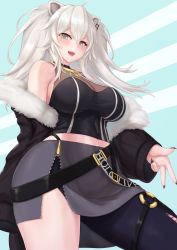 Rule 34 | 1girl, :d, animal ears, black nails, black thighhighs, blush, breasts, cleavage, cream cod, ear piercing, fingernails, fur jacket, grey eyes, highres, hololive, jacket, jacket partially removed, large breasts, lion ears, lion girl, long hair, midriff, miniskirt, nail polish, open mouth, piercing, see-through, see-through cleavage, sharp fingernails, shishiro botan, shishiro botan (1st costume), side slit, single thighhigh, skirt, smile, solo, thighhighs, v, virtual youtuber, white hair, zipper pull tab