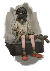 Rule 34 | 1girl, absurdres, blue eyes, commentary request, full body, gas mask, highres, holding, holding stuffed toy, korean commentary, long hair, mask, original, rain, rifleman1130, sitting, slippers, solo, stuffed animal, stuffed toy, teddy bear