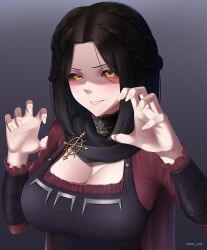 Rule 34 | 1girl, absurdres, artist name, black dress, black hair, black sclera, blush, braid, breasts, cape, cleavage, colored sclera, commentary, commission, dress, english commentary, fingernails, forehead, grin, highres, kenn artz, large breasts, lips, long sleeves, looking at viewer, pink lips, red dress, serana, smile, solo, the elder scrolls, the elder scrolls v: skyrim, two-tone dress, vampire