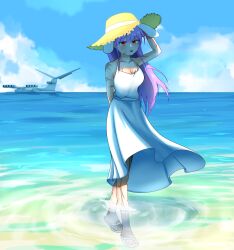 1girl absurdres alternate_costume animal_ears beach blue_sky breasts cleavage dress full_body gamma_fourteen hand_on_headwear hat highres large_breasts long_hair looking_at_viewer multiple_scars ocean open_mouth purple_hair rabbit_ears rabbit_girl red_eyes reisen_udongein_inaba sandals scar scar_on_arm scar_on_chest scar_on_face scar_on_leg ship sky smile solo sun_hat sundress touhou very_long_hair wading watercraft white_dress