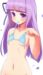 Rule 34 | 10s, 1girl, 9law, aikatsu!, aikatsu! (series), arm behind back, bad id, bad pixiv id, bikini, bikini in mouth, blue bikini, blunt bangs, blush, breasts, clothes in mouth, collarbone, flat chest, hair ribbon, hikami sumire, long hair, looking at viewer, mouth hold, navel, out-of-frame censoring, petals, purple eyes, purple hair, ribbon, simple background, small breasts, solo, swimsuit, untied, upper body, white background