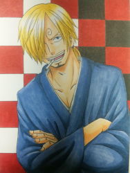 Rule 34 | 1boy, alternate costume, blonde hair, checkered background, cigarette, crossed arms, hair over one eye, japanese clothes, male focus, one piece, rascal (fc3srx-75480), sanji (one piece), smile, smoking, solo