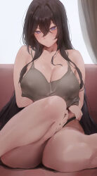 Rule 34 | 1girl, absurdres, arm under breasts, bare arms, bare shoulders, black hair, blue eyes, blush, breasts, cleavage, closed mouth, hair between eyes, highres, large breasts, long hair, looking at viewer, original, rororo, sitting, solo, thighs