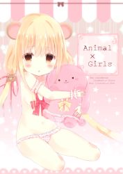 Rule 34 | 1girl, :o, absurdres, animal ears, arm garter, bad id, bad pixiv id, bear ears, blonde hair, blush, breasts, brown eyes, collarbone, commentary request, copyright name, fang, fingernails, frilled panties, frills, futaba anzu, groin, hair between eyes, hair ribbon, highres, idolmaster, idolmaster cinderella girls, kemonomimi mode, long hair, looking at viewer, low twintails, nail polish, navel, hugging object, panties, parted lips, pink nails, pink panties, pink ribbon, plaid, plaid panties, ribbon, saeki sora, sitting, small breasts, solo, striped, striped background, stuffed animal, stuffed rabbit, stuffed toy, topless, twintails, underwear, underwear only, vertical stripes, very long hair, wariza, wrist cuffs