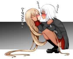 Rule 34 | 2girls, aoshima, bare shoulders, black legwear, blonde hair, blush, breasts, commentary request, cyclops, disembodied head, face-to-face, highres, holding head, imminent kiss, kiss, large breasts, long hair, multiple girls, one-eyed, original, severed head, shoes, short hair with long locks, side slit, skirt, socks, squatting, sweat, very long hair, white hair, yuri