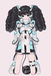 Rule 34 | 1girl, ao (ao0 0nemu), bad id, bad twitter id, black eyes, black hair, boots, cable, cable tail, closed mouth, coat, cyberpunk, full body, gaaruru (pripara), gloves, grey background, headphones, highres, interlocked fingers, kneeling, long hair, long sleeves, looking at viewer, mechanical tail, own hands together, pretty series, pripara, puffy long sleeves, puffy sleeves, simple background, solo, tail, thigh strap, twintails, white coat, white footwear, white gloves