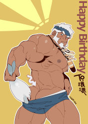 Rule 34 | 1boy, abs, absurdres, animal, ass, bara, beard, blue male underwear, blush, borrowed character, boxers, covering crotch, covering privates, dark-skinned male, dark skin, facial hair, fang, feet out of frame, from behind, happy birthday, headband, highres, holding, holding animal, jewelry, large pectorals, male focus, male underwear, male underwear pull, mature male, muscular, muscular male, navel hair, necklace, nipples, original, pectorals, polar (rollingstonex6), pulling another&#039;s clothes, seal (animal), short hair, solo, stomach, thick thighs, thighs, tigari, topless male, underwear, underwear only, white hair