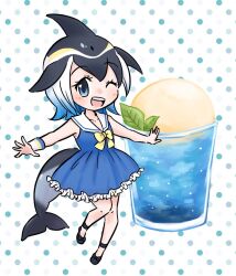 Rule 34 | 1girl, bare shoulders, black bow, black footwear, black hair, blonde hair, blowhole, blue dress, blue eyes, blue hair, blush, bow, bowtie, cetacean tail, collarbone, common dolphin (kemono friends), dolphin girl, dorsal fin, dress, fins, fish tail, flats, footwear bow, frilled dress, frills, glass, head fins, honoka3049, kemono friends, looking at viewer, multicolored hair, one eye closed, sailor collar, sailor dress, short hair, smile, solo, tail, white hair, wristband, yellow bow, yellow bowtie