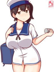 Rule 34 | 1girl, artist logo, bag, blue sailor collar, breasts, brown eyes, brown hair, cat cutout, clothing cutout, commentary request, cosplay, dated, depth charge, dress, hat, hiburi (kancolle), hiburi (kancolle) (cosplay), kaga (kancolle), kanon (kurogane knights), kantai collection, large breasts, long hair, looking at viewer, one-hour drawing challenge, sailor collar, sailor dress, sailor hat, short sleeves, side ponytail, simple background, solo, standing, white background, white dress, white hat