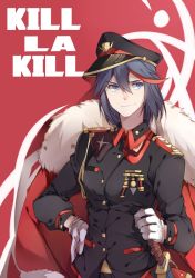 Rule 34 | 10s, 1girl, adapted costume, black hair, blue eyes, cape, copyright name, gloves, hand on own hip, hat, kill la kill, matoi ryuuko, military, military uniform, multicolored hair, red background, red hair, short hair, smile, solo, two-tone hair, uniform, white gloves, yorukun