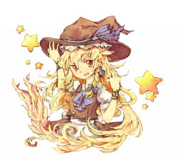 Rule 34 | 1girl, apron, ascot, blonde hair, bow, braid, earrings, female focus, hat, hat bow, holding, holding clothes, holding hat, jewelry, kirisame marisa, long hair, side braid, simple background, single braid, solo, star (symbol), touhou, upper body, white background, witch, witch hat, yellow eyes, yuki sasame