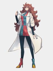 Rule 34 | 1girl, android, android 21, blue eyes, breasts, brown hair, checkered clothes, checkered dress, commentary request, dragon ball, dragon ball fighterz, dress, earrings, unworn eyewear, full body, holding, holding removed eyewear, jewelry, kemachiku, lab coat, long hair, medium breasts, pantyhose, simple background, solo, standing