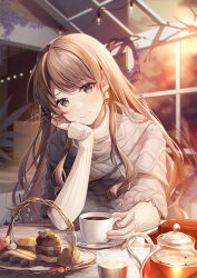 Rule 34 | 1girl, autumn, blurry, blurry background, brown eyes, brown hair, ceiling light, closed mouth, commentary, cup, depth of field, drinking glass, earrings, elbow rest, evening, food, grey scarf, hand on own cheek, hand on own face, head rest, head tilt, holding, holding cup, jewelry, kagachi saku, lights, long hair, looking at viewer, original, outdoors, pitcher (container), ribbed sweater, ring, scarf, signature, sitting, sleeves past wrists, smile, solo, spoon, sweater, table, tea, teacup, tray, turtleneck, turtleneck sweater, upper body, veranda, very long hair, watermark, web address, white sweater, wooden table
