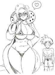 Rule 34 | 1boy, 1girl, age difference, android 18, bikini, breasts, child, cleavage, dragon ball, dragonball z, earrings, facing viewer, heart, highres, huge breasts, jewelry, looking at another, monochrome, nude, open clothes, son gohan, spoken heart, standing, swimsuit, thick thighs, thighs, wide hips