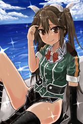 Rule 34 | 10s, 1girl, bad id, bad pixiv id, black gloves, blush, bow, bowtie, brown hair, closed mouth, cloud, day, elbow gloves, gloves, green shirt, hair between eyes, hair ribbon, highres, kantai collection, long hair, looking at viewer, miyako (miyako lplover), outdoors, red bow, red bowtie, ribbon, shirt, short sleeves, single elbow glove, sitting, sky, smile, solo, sparkle, tone (kancolle), twintails, water, white ribbon