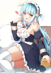 Rule 34 | 1girl, :d, absurdres, animal, azur lane, bare shoulders, bird, black bow, black dress, black sleeves, blue hair, blunt bangs, bow, breasts, brown eyes, chick, cleavage, commentary request, detached sleeves, dress, frilled dress, frilled pillow, frills, hand up, highres, juliet sleeves, large breasts, long hair, long sleeves, looking at viewer, maid, maid headdress, manjuu (azur lane), moyoron, neptune (azur lane), open mouth, pillow, puffy sleeves, skindentation, sleeves past wrists, smile, solo, thighhighs, two side up, very long hair, white thighhighs