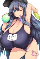 Rule 34 | 1girl, akatsuki (kancolle), armpits, black hair, breasts, cleavage, eyelashes, female focus, green eyes, hat, highres, holding, holding water gun, huge breasts, japanese text, kantai collection, long hair, looking at viewer, one-piece swimsuit, one eye closed, school uniform, sexually suggestive, skindentation, solo, swimsuit, tsukasawa takamatsu, water balloon, water gun, white background, wink