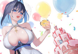 Rule 34 | 1girl, alternate costume, armlet, balloon, bare shoulders, birthday cake, black hair, blue eyes, blue hair, blue nails, blush, breasts, breasts apart, cake, candle, chain, colored inner hair, commentary, confetti, cup, dress, drooling, english commentary, fingernails, food, fruit, hair intakes, halter dress, halterneck, hand up, highres, holding, holding cup, hololive, hololive english, kronie (ouro kronii), large breasts, layer cake, long fingernails, long long life, mouth drool, multicolored hair, nail polish, o-ring, open mouth, ouro kronii, revision, short hair, skindentation, solo, strawberry, two-tone hair, underbust, upper body, virtual youtuber, white background, white dress