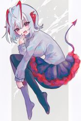 Rule 34 | 1girl, :d, ahoge, antennae, arknights, black pantyhose, black skirt, blush, breasts, demon girl, demon horns, demon tail, fang, full body, grey background, grey hair, grey sweater, hand up, highres, holding, horns, large breasts, long sleeves, looking at viewer, morita (pixiv31883607), nail polish, no shoes, open mouth, pantyhose, red eyes, red nails, short hair, simple background, skirt, smile, solo, sweater, tail, w (arknights)