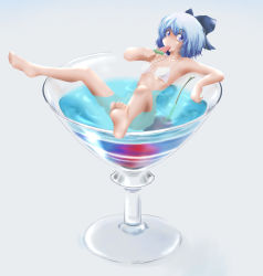 Rule 34 | 1girl, ao usagi, barefoot, bikini, blue eyes, bow, cherry, cirno, cocktail glass, cup, drinking glass, feet, flat chest, food, fruit, giant glass, hair bow, in container, in cup, legs, mini person, minigirl, mundane utility, popsicle, short hair, solo, swimsuit, touhou, watermelon bar