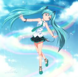 Rule 34 | 10s, 1girl, 2013, aqua eyes, aqua hair, artist name, bracelet, cloud, dated, day, hatsune miku, headphones, jewelry, long hair, musical note, necktie, nicca (kid nicca), outstretched arms, rainbow, shoes, skirt, sky, smile, solo, spread arms, twintails, very long hair, vocaloid
