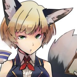 Rule 34 | 10s, 1girl, animal ears, bare arms, bare shoulders, blonde hair, bob cut, bolo tie, book, chestnut mouth, close-up, collared dress, commentary request, cup, dress, fox ears, fox girl, fox tail, fran francois francesca de bourgogne, gloves, god eater, god eater 2: rage burst, green eyes, half-closed eyes, hands up, high collar, holding, holding book, holding cup, layered clothes, looking at viewer, open book, portrait, raised eyebrow, short hair, simple background, sleeveless, sleeveless dress, solo, steam, tail, teacup, transpot nonoko, vest, white background, white dress, white gloves, wing collar