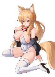 Rule 34 | 1girl, ajidot, alternate costume, animal ears, arknights, black footwear, black jacket, blonde hair, blush, breasts, cleavage, closed mouth, covered navel, hand on own chest, heart, high heels, highres, horse ears, horse girl, horse tail, impossible clothes, impossible leotard, jacket, large breasts, leotard, long hair, long sleeves, looking at viewer, nearl (arknights), open clothes, open jacket, orange eyes, playboy bunny, ponytail, sidelocks, simple background, sitting, skindentation, smile, solo, strapless, strapless leotard, tail, thighhighs, wariza, white background, white leotard, white thighhighs