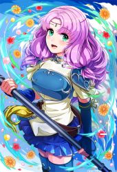 Rule 34 | armor, bad id, bad twitter id, breastplate, fire emblem, fire emblem: the blazing blade, floral background, florina (fire emblem), green eyes, holding, holding polearm, holding spear, holding weapon, looking at viewer, nintendo, open mouth, pauldrons, polearm, purple hair, ringozaka mariko, shoulder armor, skirt, smile, solo, spear, thighhighs, wavy hair, weapon