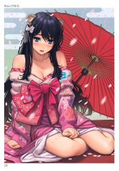 Rule 34 | 1girl, :d, absurdres, animal ears, bare shoulders, black hair, blue eyes, blush, breasts, cherry blossoms, cleavage, collarbone, egasumi, fingernails, floral print, hair ornament, highres, homunculus (alchemynote), japanese clothes, kimono, looking at viewer, medium breasts, obi, off shoulder, oil-paper umbrella, open mouth, parted lips, petals, sash, scan, sitting, sleeves past wrists, smile, solo, tabi, tail, tiger ears, tiger tail, toranoana, umbrella, yokozuwari
