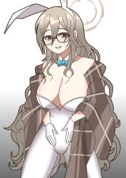 Rule 34 | 1girl, akane (blue archive), akane (bunny) (blue archive), blue archive, breasts, brown hair, d.r (74446), glasses, large breasts, long hair, pantyhose, solo, very long hair, white background, white pantyhose