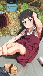 Rule 34 | 1girl, adjusting hair, arm up, armpits, artist name, backpack, bag, bare legs, bento, black hair, blanket, blue bag, blunt bangs, blush, brown eyes, casual, child, closed mouth, commentary, cooler, day, dress, elbow blush, eyelashes, feet out of frame, fence, film grain, flower, from above, from side, grass, hand on own head, hand on own leg, hands on ground, head tilt, highres, ira (servachok), jewelry, knee blush, leaning back, light smile, long hair, looking at viewer, looking up, messy hair, necklace, original, outdoors, pearl necklace, picnic, pinafore dress, red dress, red shirt, russian commentary, servachok, shirt, short sleeves, sitting, sleeveless, sleeveless dress, smile, solo, t-shirt, two-tone shirt, unworn backpack, unworn bag, white shirt, yellow flower