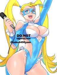 Rule 34 | 1girl, arm up, artist name, bad id, bad twitter id, blonde hair, blue eyes, blue leotard, breasts, capcom, cleavage, clenched hand, curvy, frills, highleg, highleg leotard, highres, holding, holding microphone, large breasts, legs, leotard, long hair, microphone, navel, open mouth, rainbow mika, revealing clothes, shiny skin, simple background, smile, solo, street fighter, street fighter zero (series), thighs, thong leotard, tombsakura, twintails, twitter username, very long hair, white background, wide hips