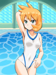 Rule 34 | 1girl, aqua eyes, arm behind head, arm up, armpits, artist name, bare shoulders, blue background, blue theme, blush, breasts, closed mouth, collarbone, covered navel, cowboy shot, creatures (company), female focus, game freak, gym leader, happy, highres, indoors, looking at viewer, medium breasts, misty (pokemon), nintendo, one-piece swimsuit, orange hair, pokemon, pokemon hgss, pool, shiny clothes, short hair, shougun (chuckni1), signature, skindentation, smile, solo, standing, swimsuit, water, white one-piece swimsuit, window