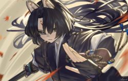Rule 34 | 1girl, animal ears, arknights, black gloves, black hair, black kimono, blurry, chinese commentary, commentary request, depth of field, dog ears, facial mark, fingerless gloves, forehead mark, gloves, hair over one eye, holding, japanese clothes, kimono, lanzi (415460661), long hair, long sleeves, looking at viewer, looking up, motion blur, parted lips, saga (arknights), signature, solo, tagme, upper body, very long hair, weapon