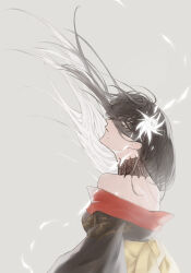 Rule 34 | 1girl, absurdres, bare shoulders, black collar, black hair, black kimono, collar, commentary request, expressionless, falling petals, final fantasy, final fantasy xiv, floating hair, flower, from behind, grey background, grey eyes, hair flower, hair ornament, highres, hyur, japanese clothes, kimono, korean commentary, lace collar, long hair, looking at viewer, looking back, mole, mole under mouth, nono okok good, obi, off shoulder, petals, profile, red trim, sash, shoulder blades, simple background, solo, upper body, white flower, wind, yotsuyu goe brutus