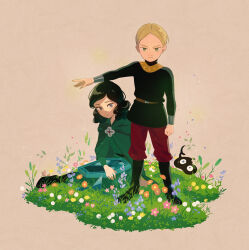 Rule 34 | 1boy, 1girl, absurdres, arm up, awarin, black footwear, black hair, black shirt, blonde hair, boots, broken mirror, brooch, brown background, cloak, closed mouth, commentary request, daida, faux figurine, flower, full body, glass shards, grass, green cloak, green eyes, grey eyes, highres, holding, holding mirror, hood, hood down, hooded cloak, jewelry, kage (ousama ranking), knee boots, long sleeves, looking at viewer, medium hair, miranjo, mirror, orange flower, ousama ranking, outstretched arm, pants, parted bangs, pink flower, purple flower, red pants, serious, shirt, short hair, simple background, sitting, standing, white flower, yellow flower