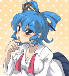 Rule 34 | 1girl, alternate costume, blue eyes, blue hair, blush, breasts, cleavage, contemporary, drill hair, covered erect nipples, eromame, female focus, hair ornament, hair rings, hair stick, kaku seiga, leaning forward, matching hair/eyes, open collar, polka dot, polka dot background, school uniform, skirt, solo, touhou, twin drills, twintails