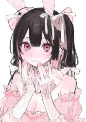 Rule 34 | 1girl, animal ears, bare shoulders, black hair, blush, breasts, cleavage, dress, fake animal ears, hair ribbon, heart, heart-shaped pupils, highres, iq033, looking at viewer, medium breasts, multicolored hair, original, parted lips, pink dress, pink eyes, pink hair, rabbit ears, ribbon, simple background, solo, streaked hair, symbol-shaped pupils, two-tone hair, upper body, white background