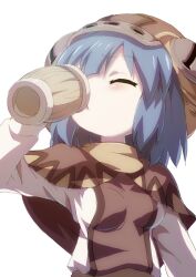 Rule 34 | 1girl, beer mug, blush, breasts, brown capelet, capelet, closed eyes, cup, drinking, female focus, grey hair, hat, highres, long sleeves, made in abyss, medium breasts, medium hair, mug, pakkoyan, pakkoyan (human), simple background, solo, surcoat, upper body, white background, ximu shilang