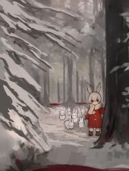 Rule 34 | 1girl, absurdres, albino, animal ears, brown footwear, brown mittens, brown scarf, child, coat, commentary, forest, grey hair, highres, long sleeves, looking at viewer, mittens, nature, original, outdoors, rabbit, rabbit ears, red coat, red eyes, scarf, shirokujira, snow, solo, standing, tree, white rabbit (animal), wide shot, winter, winter clothes, winter coat