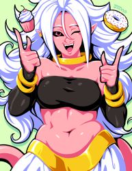 Rule 34 | 1girl, ;), android 21, bare shoulders, black sclera, bracelet, colored sclera, colored skin, cupcake, curvy, double finger gun, doughnut, dragon ball, dragon ball fighterz, earrings, fangs, finger gun, food, hair between eyes, harem pants, hoop earrings, jewelry, jmanvelez, long hair, looking at viewer, majin android 21, messy hair, midriff, nail polish, navel, neck ribbon, one eye closed, pants, pink skin, pointy ears, red eyes, ribbon, silver hair, smile, solo, strapless, tail, tube top, very long hair