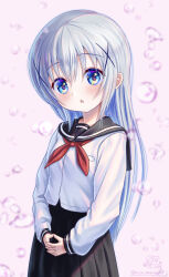 Rule 34 | 1girl, 2023, black sailor collar, black skirt, blue eyes, blue hair, blush, chestnut mouth, colored eyelashes, commentary request, cowboy shot, dated, gochuumon wa usagi desu ka?, hair between eyes, hair ornament, high-waist skirt, highres, interlocked fingers, kafuu chino, long hair, long sleeves, looking at viewer, neckerchief, open mouth, own hands together, pink background, pleated skirt, red neckerchief, rouge (my rouge), sailor collar, school uniform, serafuku, shirt, signature, simple background, skirt, solo, straight hair, tareme, twitter username, very long hair, water drop, white shirt, x hair ornament