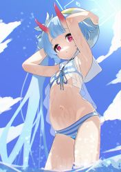 Rule 34 | 1girl, absurdres, aqua hair, arms up, ball, beachball, bikini, blue archive, breasts, chise (blue archive), chise (swimsuit) (blue archive), closed mouth, cloud, erory6 (ro), flower, hair flower, hair ornament, highres, holding, holding ball, horns, long hair, looking at viewer, outdoors, pink eyes, ponytail, side ponytail, skin-covered horns, sky, small breasts, solo, striped bikini, striped clothes, sunlight, swimsuit, very long hair, wading, water, wet, white flower