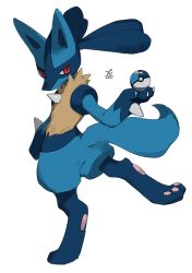 Rule 34 | absurdres, animal focus, ball, blue fur, claws, commentary, creatures (company), game freak, gen 4 pokemon, hideko (l33l3b), highres, holding, holding ball, holding poke ball, looking back, lucario, moon ball, nintendo, no humans, pawpads, poke ball, pokemon, pokemon (creature), red eyes, serious, signature, simple background, spikes, standing, walking, white background