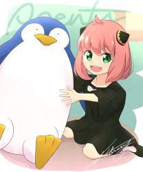 Rule 34 | 1girl, :d, absurdres, ahoge, anya (spy x family), black dress, child, dress, full body, green eyes, hairpods, highres, l library, looking at viewer, open mouth, pink hair, seiza, short hair, signature, sitting, smile, solo, spy x family, stuffed animal, stuffed penguin, stuffed toy