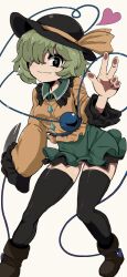 Rule 34 | 1girl, black eyes, black hat, black thighhighs, breasts, closed mouth, epic armageddon, green hair, green skirt, hair over one eye, hat, hat ribbon, heart, highres, holding, holding knife, knife, komeiji koishi, looking at viewer, medium breasts, ribbon, shirt, simple background, skirt, solo, thighhighs, third eye, touhou, w, yellow background, yellow ribbon, yellow shirt