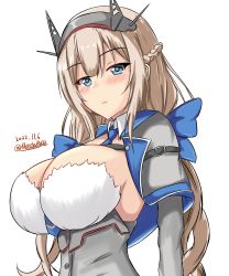 Rule 34 | 1girl, between breasts, blue bow, blue capelet, blue eyes, blue necktie, bow, braid, breasts, capelet, dress, french braid, grey capelet, grey dress, hair bow, headgear, highres, kantai collection, large breasts, light brown hair, long hair, low twintails, maryland (kancolle), montemasa, multicolored capelet, necktie, necktie between breasts, one-hour drawing challenge, radio antenna, solo, strapless, strapless dress, twintails, upper body, white background