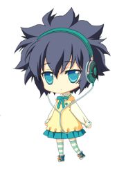 Rule 34 | 1girl, blue eyes, carnelian, chibi, full body, hair between eyes, headphones, lowres, para-sol, shoes, short hair, skirt, sneakers, solo, striped clothes, striped thighhighs, thighhighs, transparent background, yatabe miu